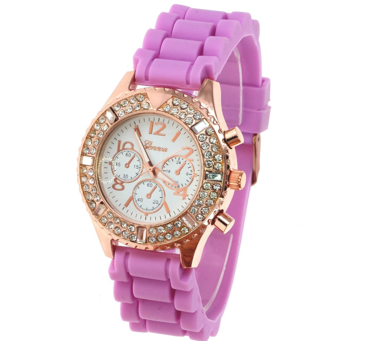 Geneva Gold Rose Chronograph Style Iced Bezel Pink Silicone Band New Battery