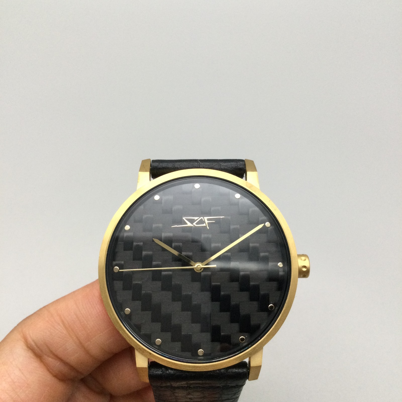 SCF Simply Carbon Fiber Watch Men 40mm Black Tone Dial Leather Band New Battery