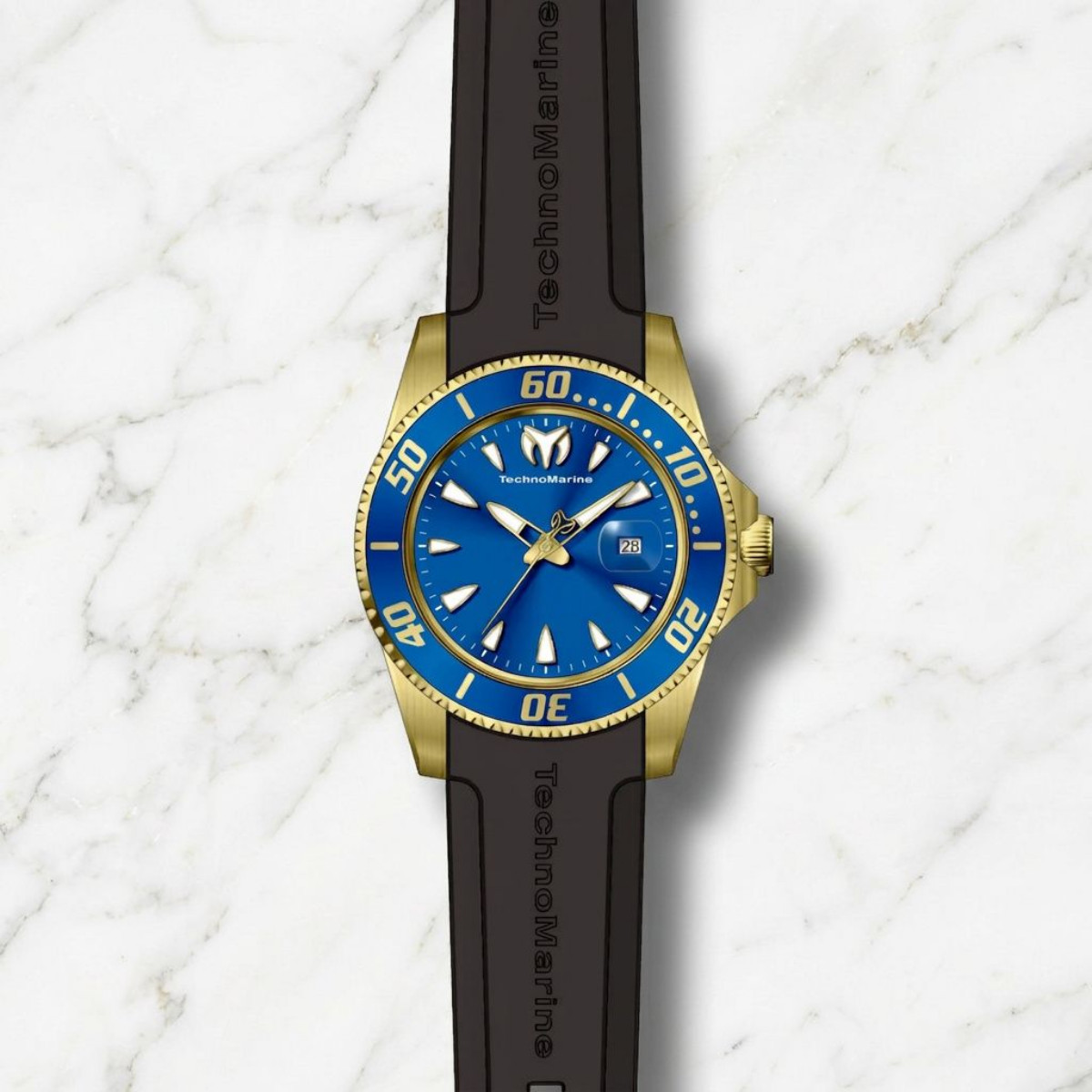 TechnoMarine Men’s Manta Sea Blue Dial Quartz Gold Trim Diver Watch Black Strap