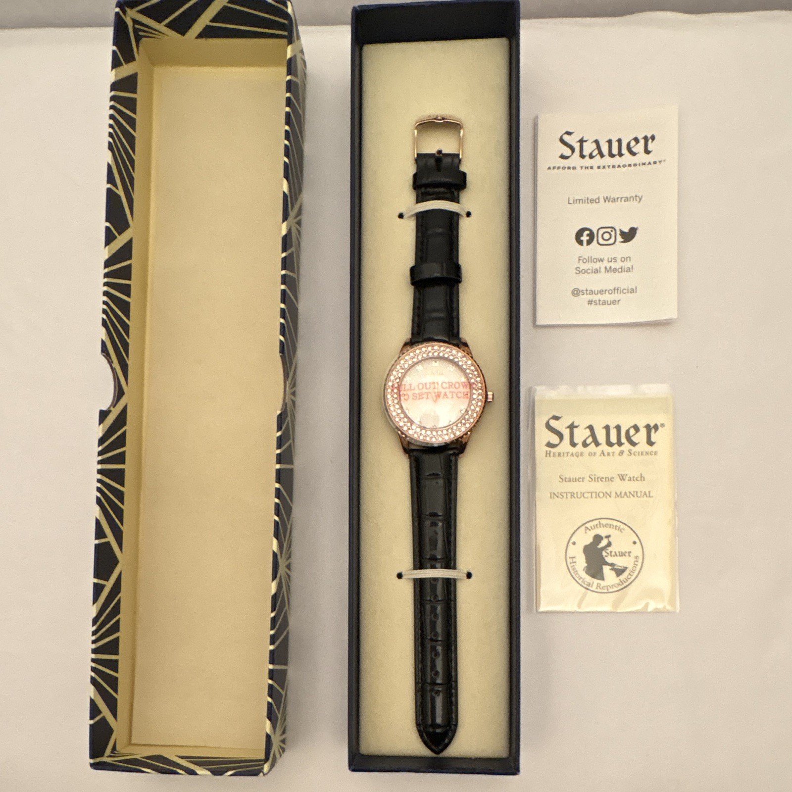 Stauer Sirene Quartz Watch Rose Gold Tone Crystal Bezel Black Leather Box Manual