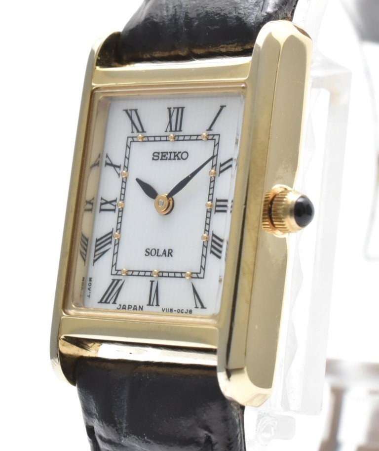 Vintage [Near MINT] SEIKO Solar V115-0BD0 Gold Roman Dial Tank 18mm Quartz Japan