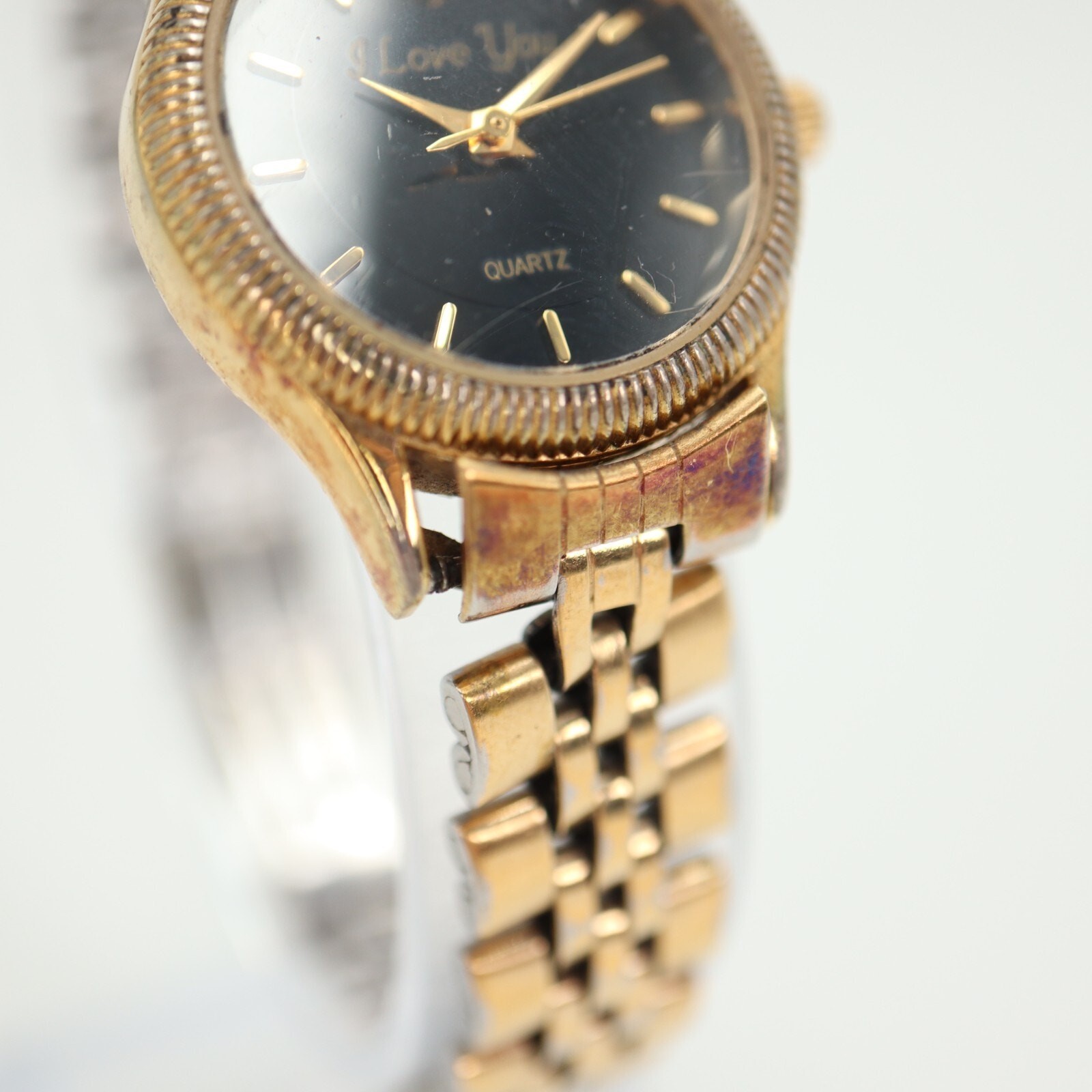 Womens Gold Tone “I Love You” Watch 25mm Black Dial w Red Gem Bracelet Working