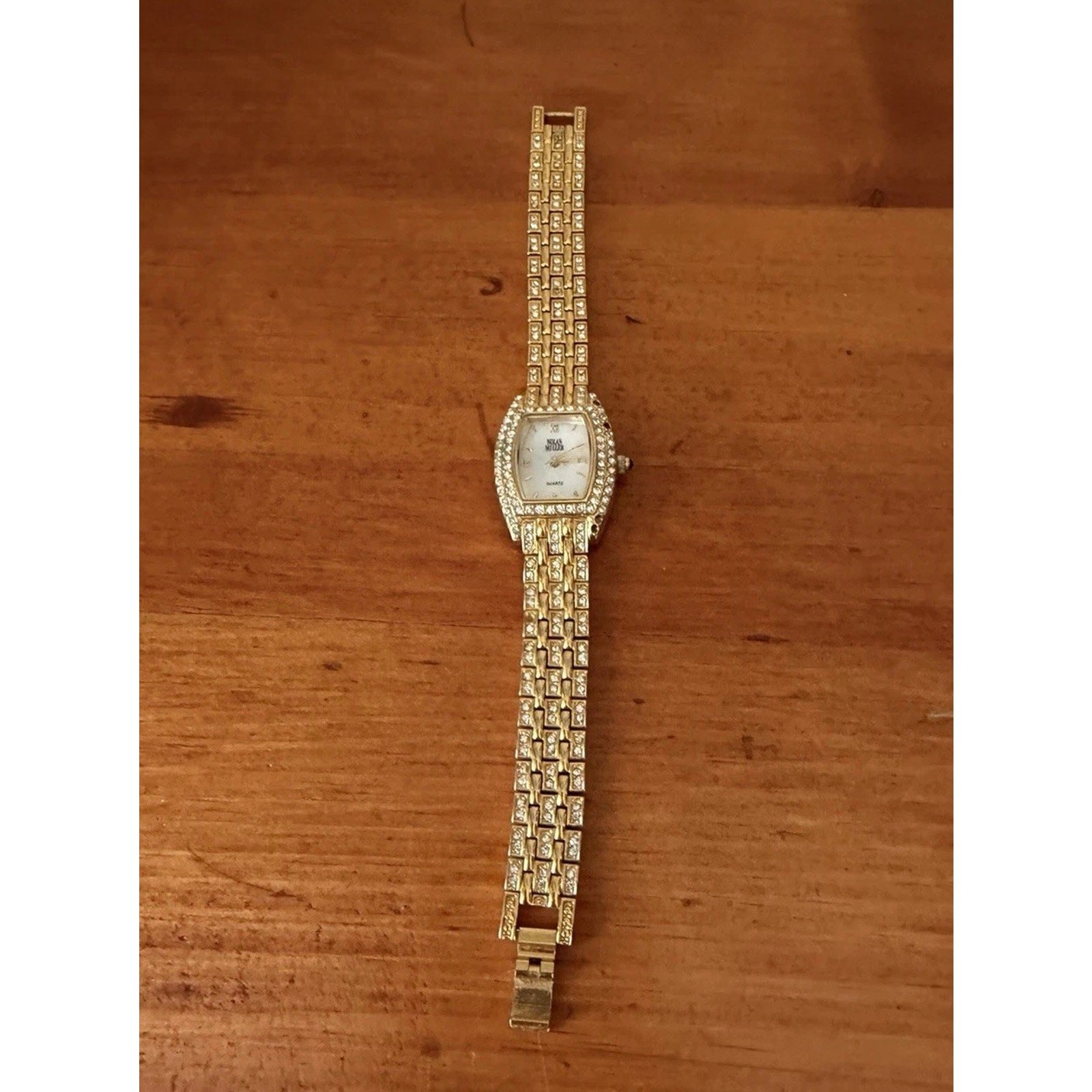 Nolan Miller Glamour Collection Crystal Gold Tone Bracelet Watch Mother Of Pearl