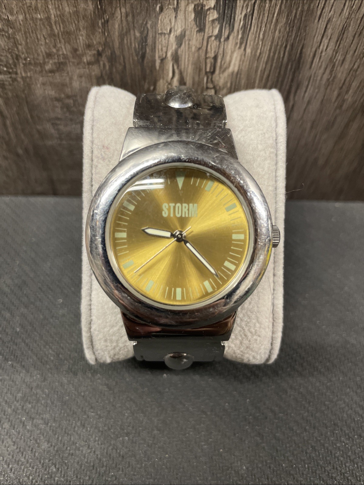 Vintage Storm Oasis Man Wristwatch Yellow Face Glow In The Dark Hands & Numbers