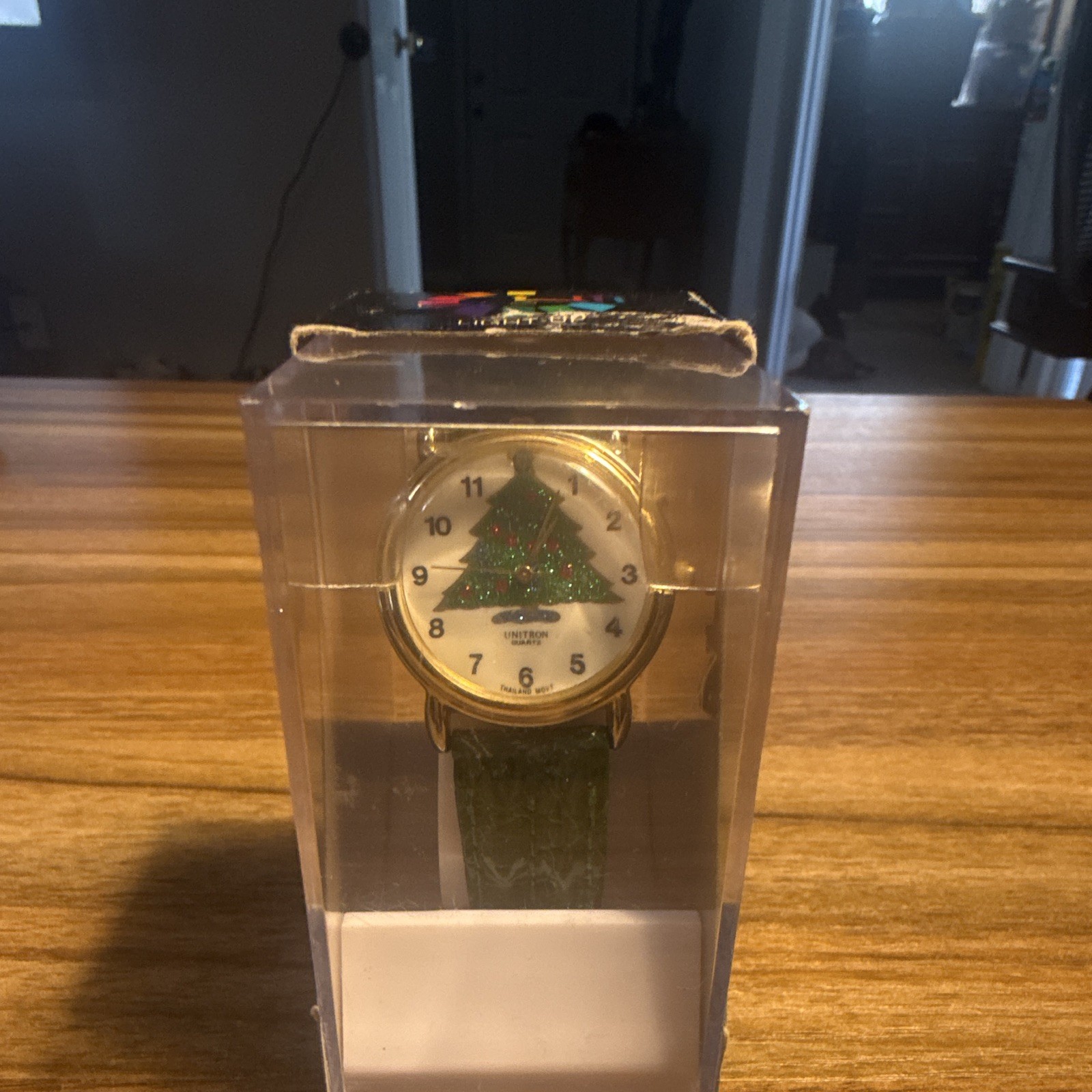 Unitron Light-Up Musical Watch Christmas Tree Dial Quartz Gold Case Green Strap