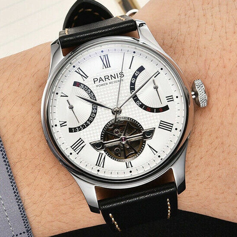 Power Reserve Movement PARNIS Men’s 43mm Automatic Watch Black Watch Strap