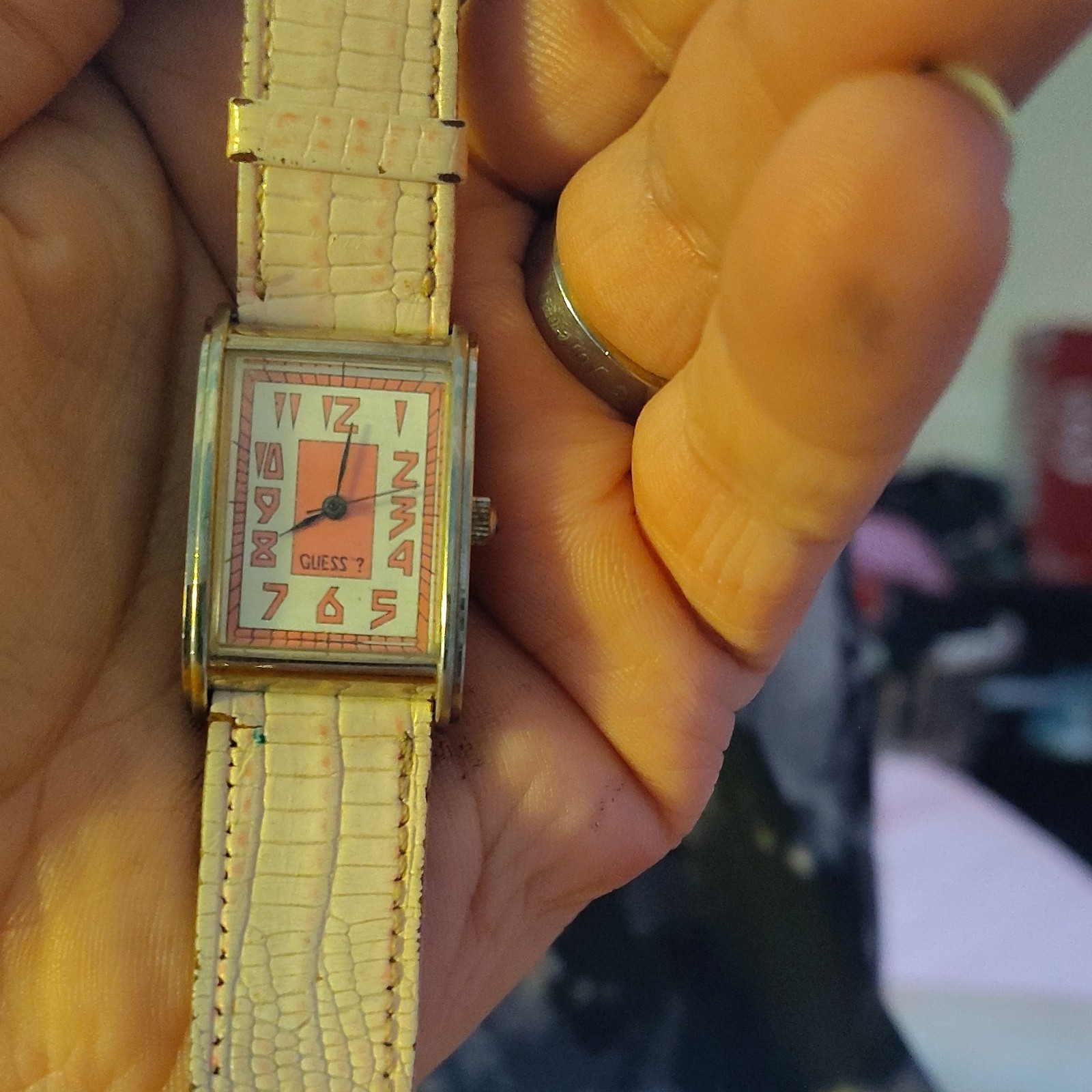 GUESS Women’s Rectangle Quartz Watch Pink Dial Silver Case White Leather Strap