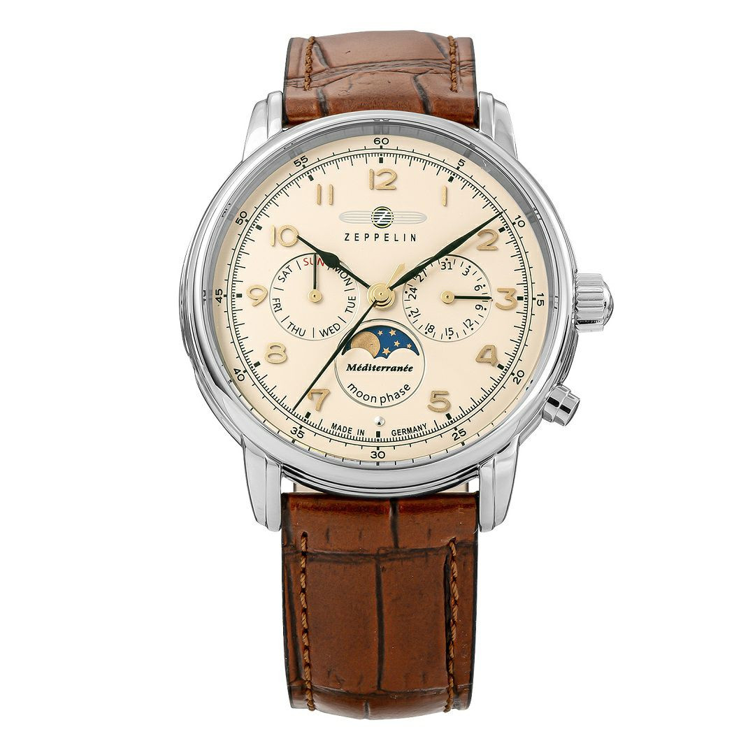Zeppelin Moonphase Men’s Watch Beige Dial Leather Band Day Date 9636-5