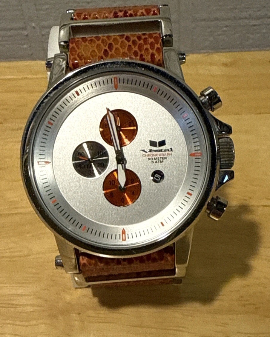 🚨🔥VESTAL PLEXI CHRONOGRAPH SILVER & ORANGE DIAL BROWN & STEEL BAND MEN’S WATCH