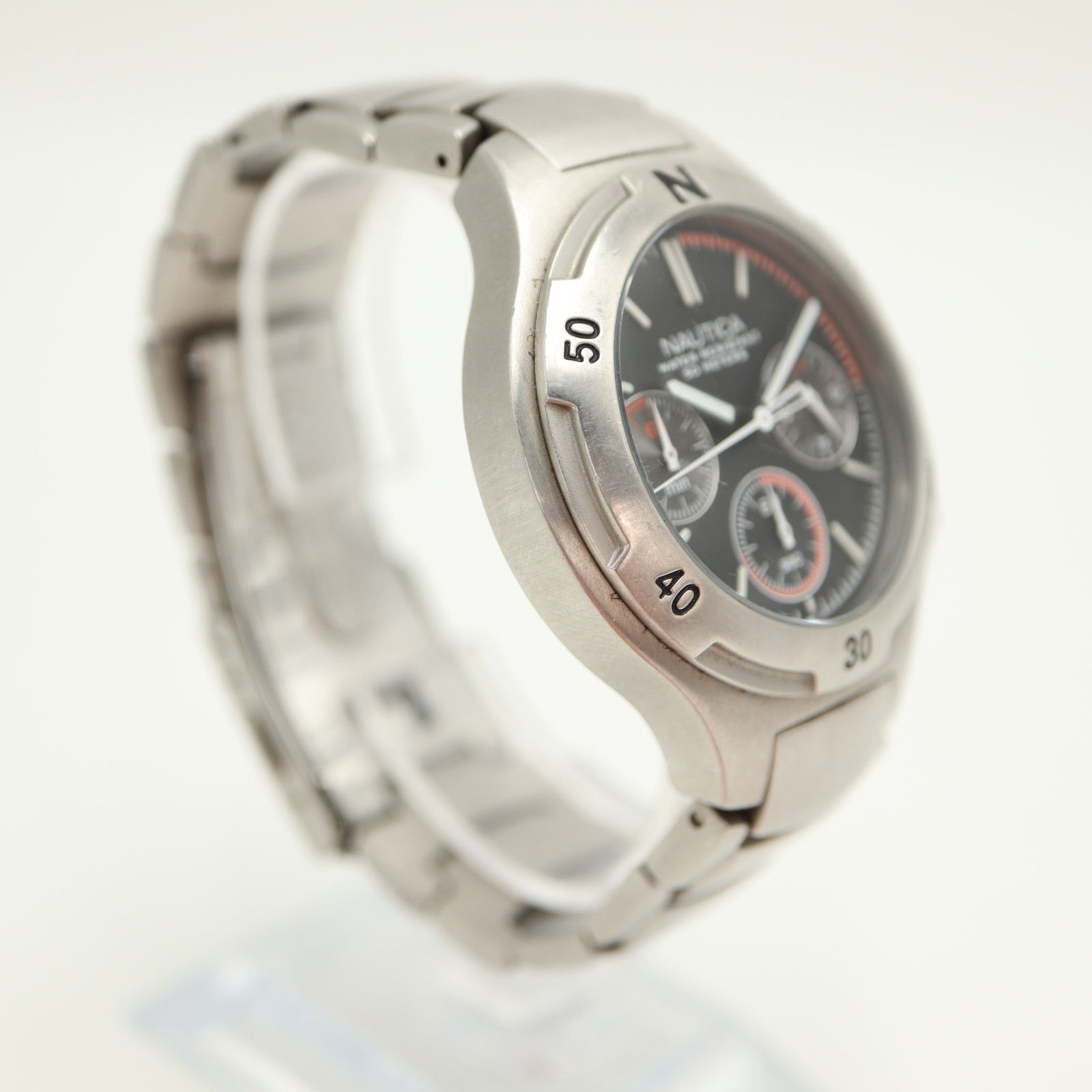 Nautica Mens Stainless Steel 40mm Chronograph Watch 60 min 24-Hr w New Battery
