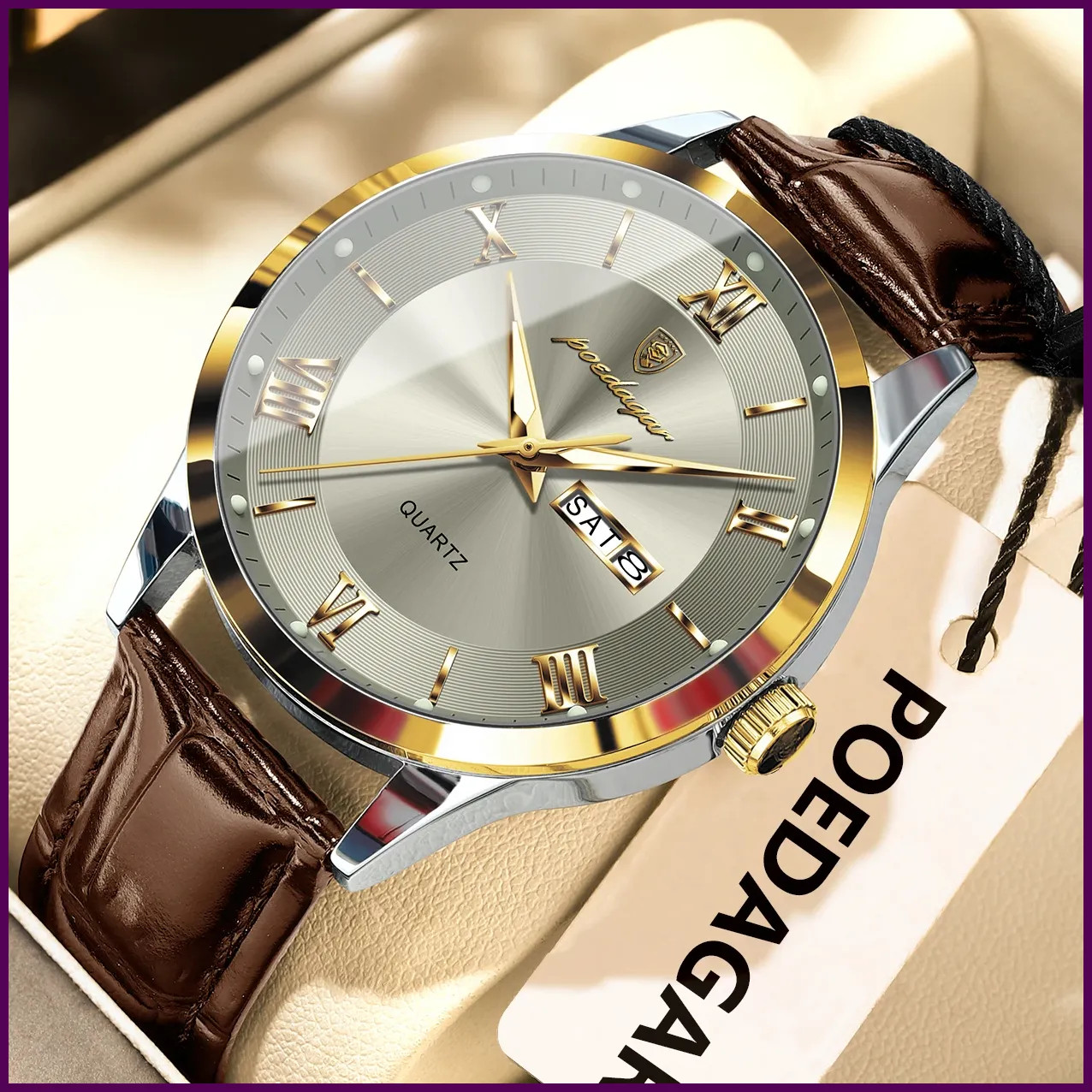 Men’s Leather Quartz Watch Waterproof Luminous Date Week Business Original