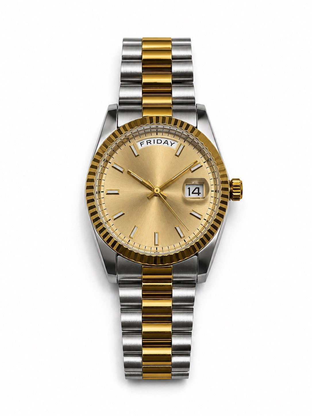 Luxury Two-Tone Day-Date Style Display Watch – Champagne Dial Gold & Silver