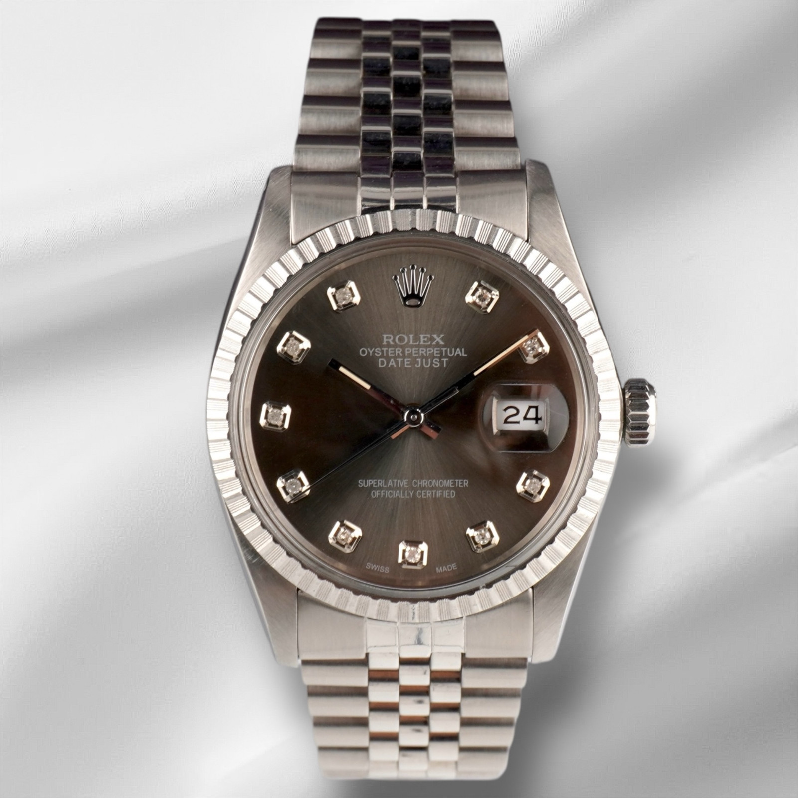 Rolex 36mm Datejust Steel Engine-Turned Grey Dial Watch