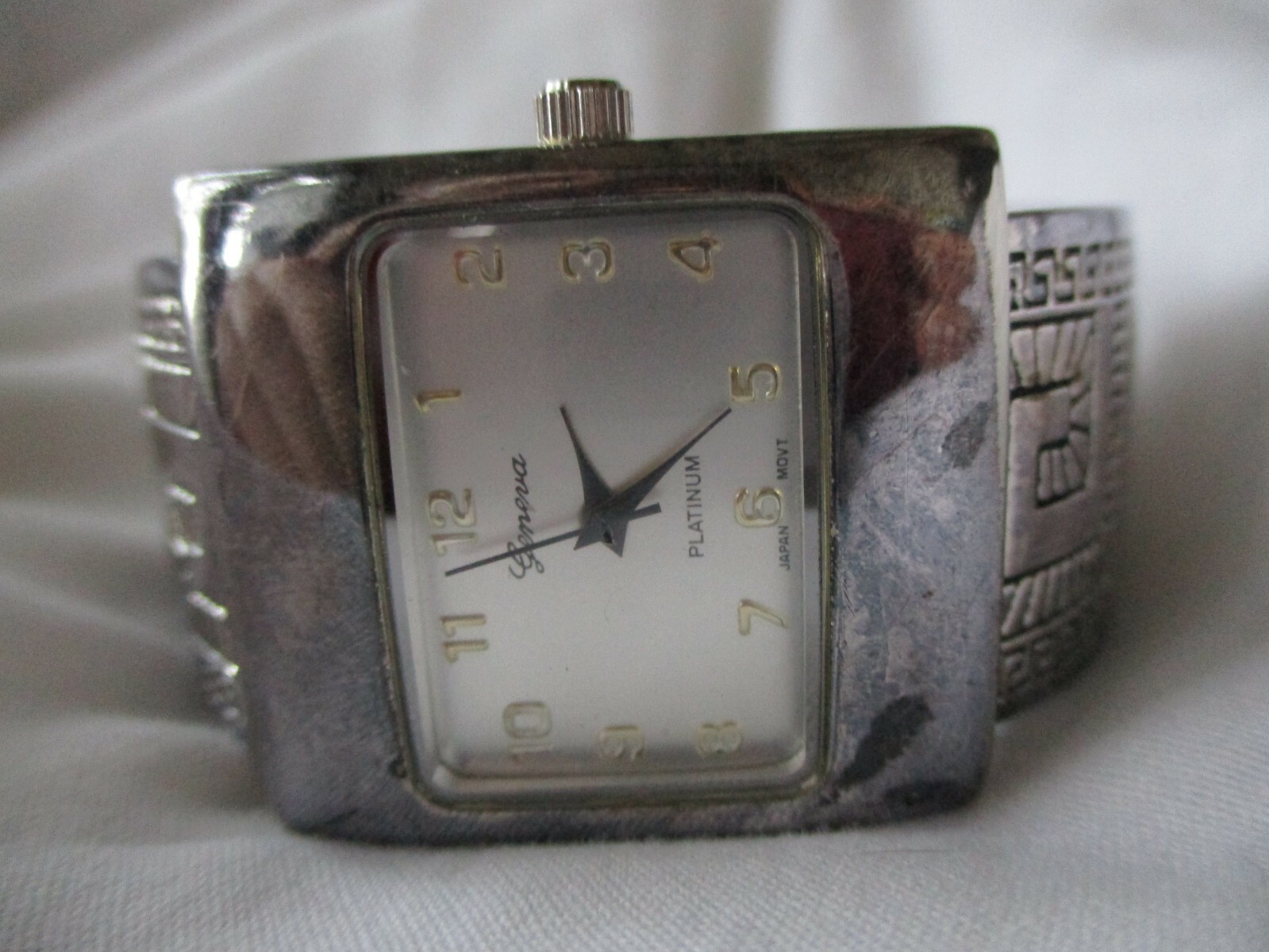 Geneva Silvertone Western Cuff Watch, Rectangular, Pressed Metal Band, WORKING!