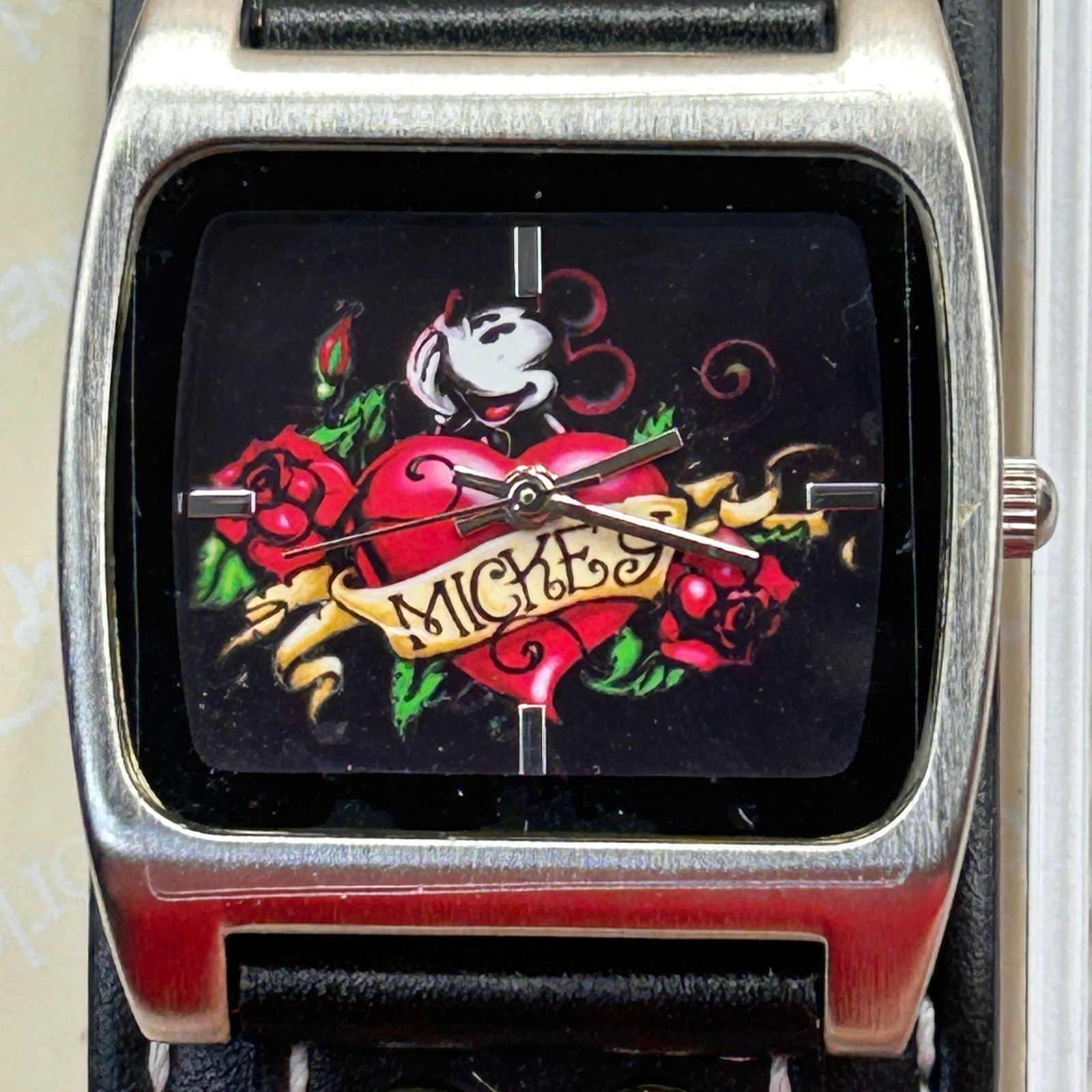 Disney Parks Mickey Mouse Tattoo Style Cuff Watch Square Case In Box Old Stock