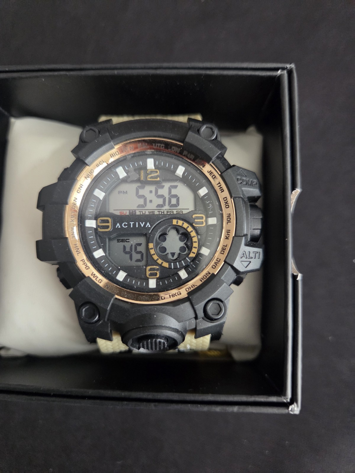 Activa Multi Function Sport Watch Analog/Digital Black/Gold Beige Resin Strap
