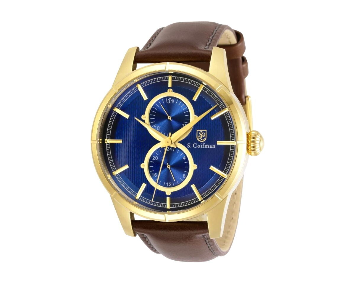 S. Coifman SC0456 Men’s Leather Quartz 45mm Blue Dial Gold Case Watch