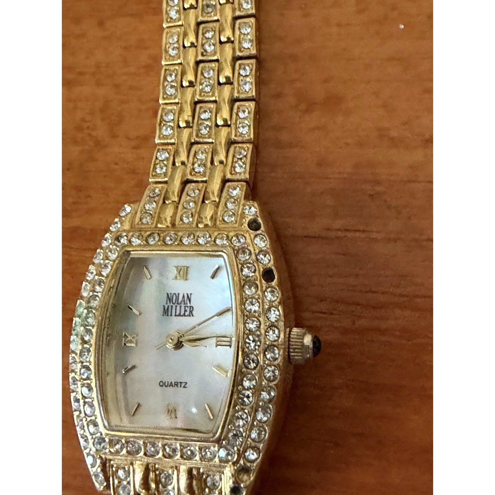 Nolan Miller Glamour Collection Crystal Gold Tone Bracelet Watch Mother Of Pearl