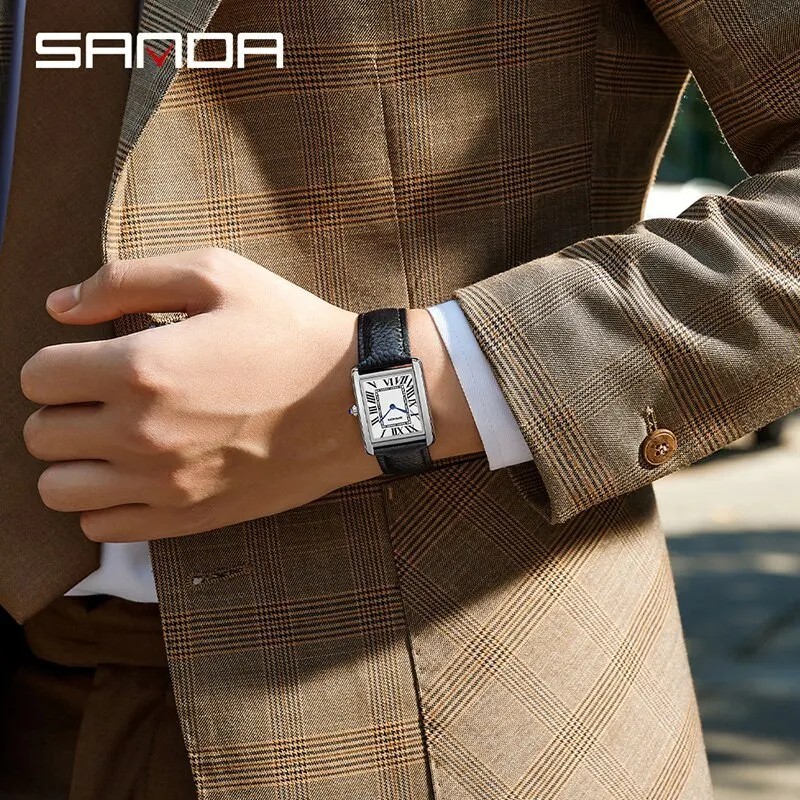 Men Women Quartz Watch Roman Numeral Dial Leather Band Stainless Steel Waterproo