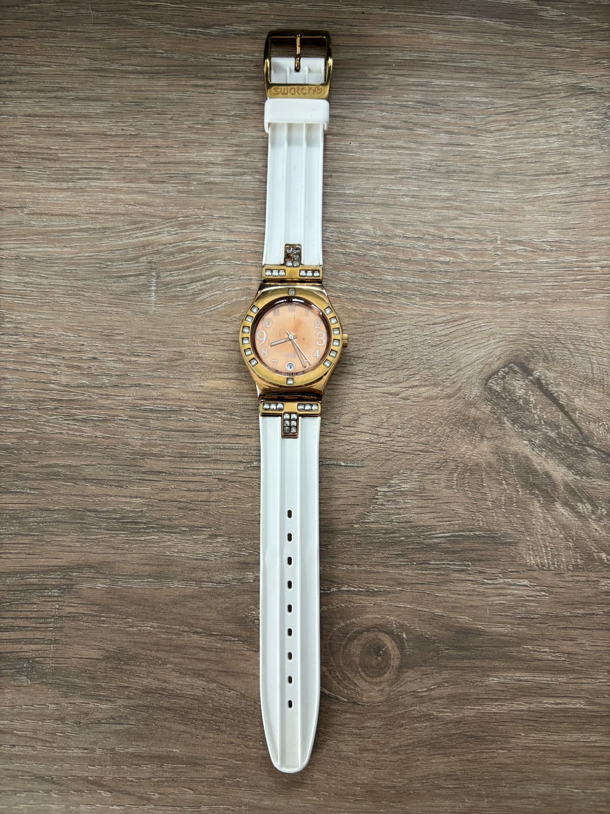 Swatch Swiss Ladies Fancy Me YLG403 Pink Gold & White Watch Rhinestones