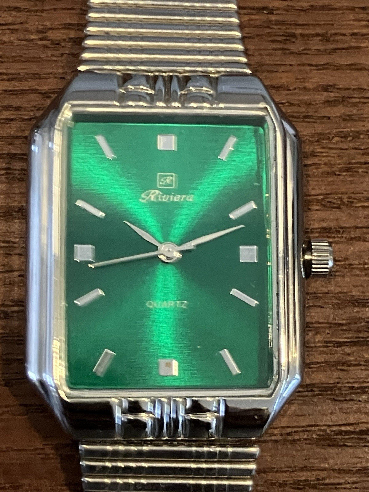 Riviera Unisex Quartz Watch Green Rectangle Dial Silver Metal Bracelet Seconds