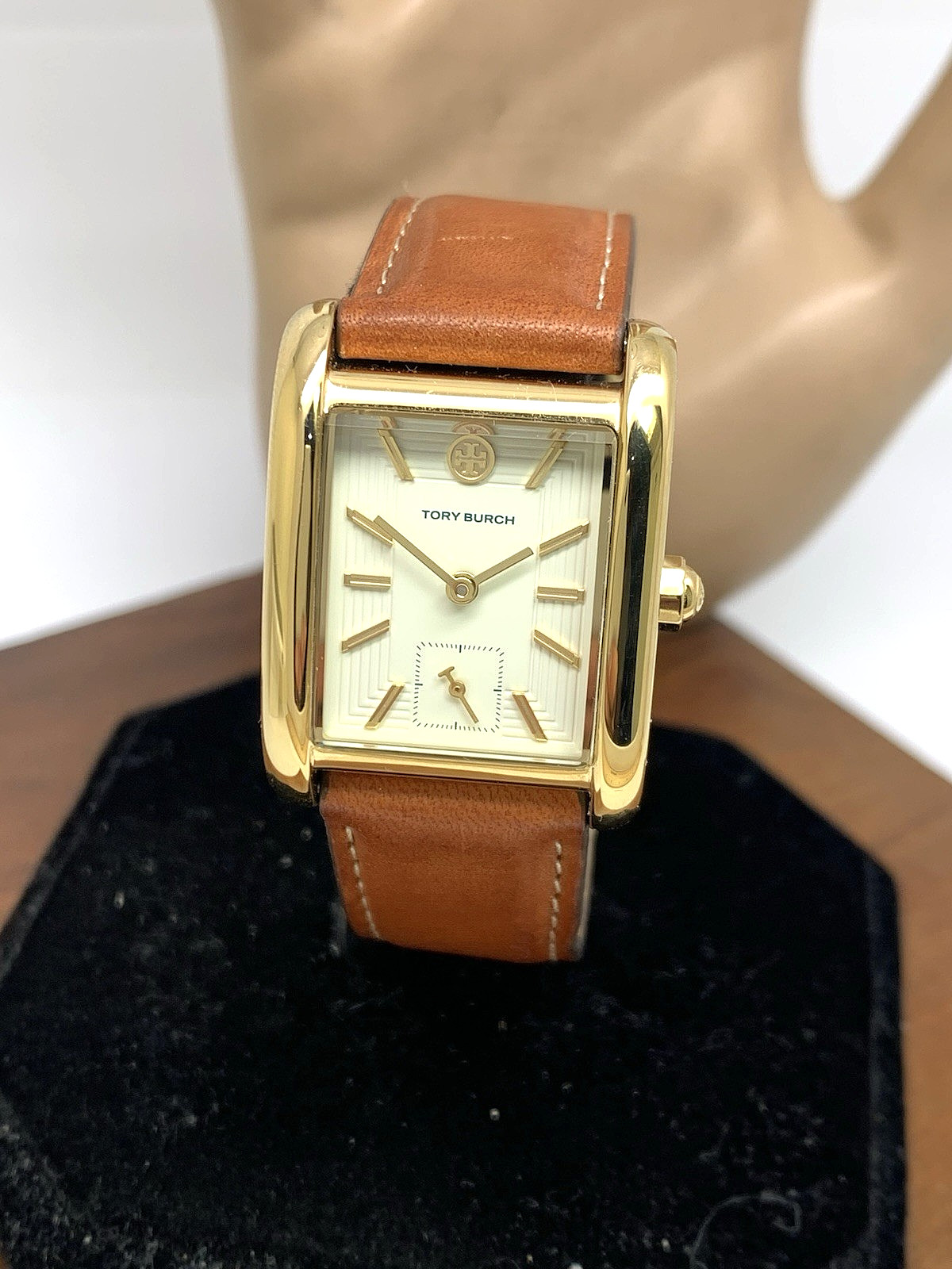 Tory Burch Women’s Watch TBW1068 Tank Cream Dial Gold Quartz Brown Leather Band