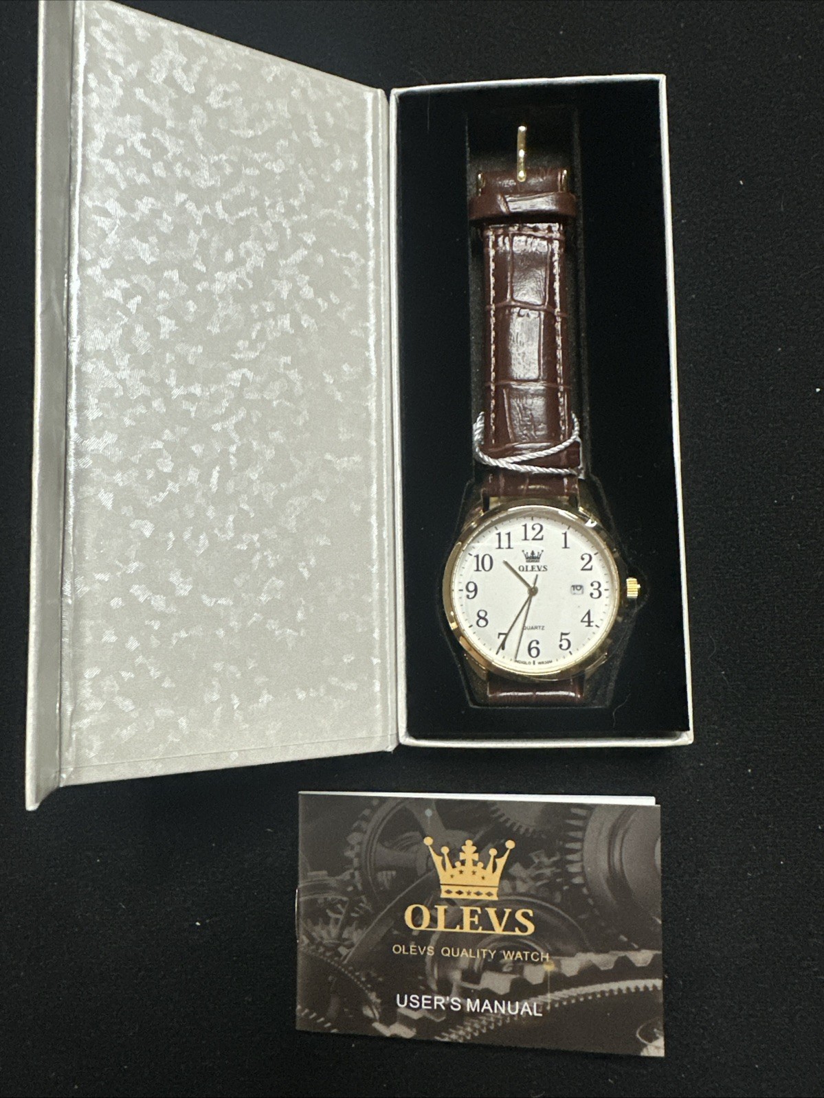 OLEVS Mens Watch White Face, Brown Leather Band, Day Date, Easy Reader