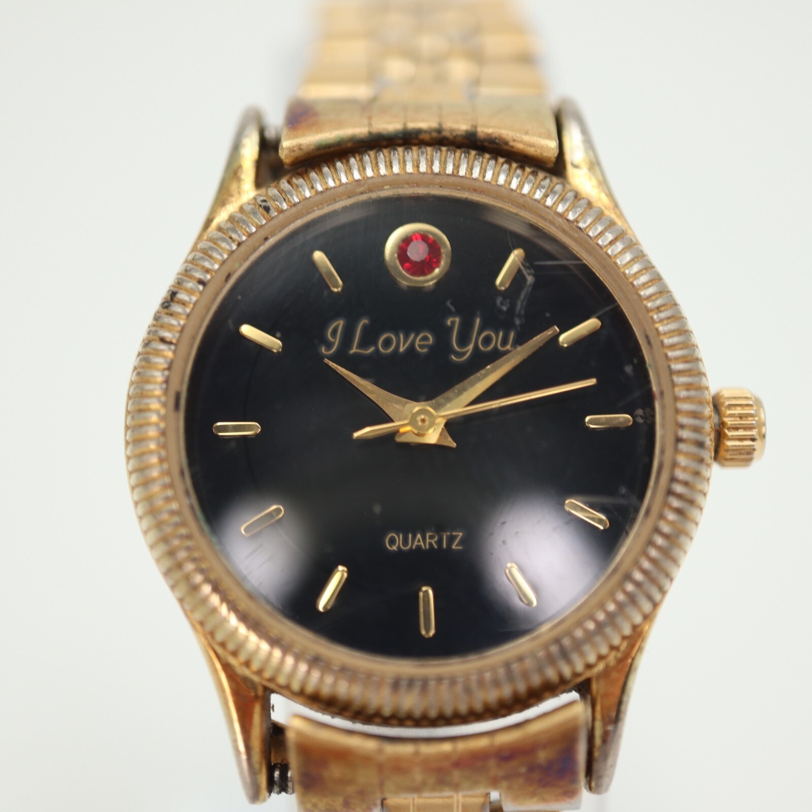 Womens Gold Tone “I Love You” Watch 25mm Black Dial w Red Gem Bracelet Working