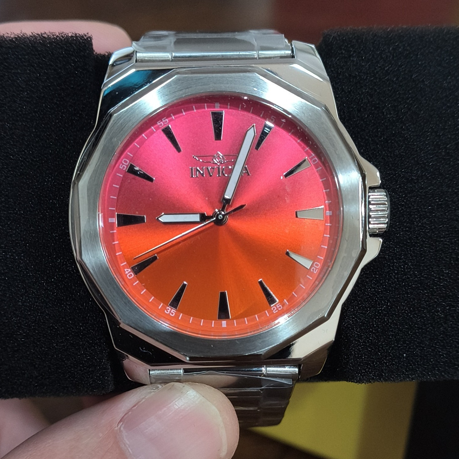Invicta Quartz Red/Orange Sunburst Dial Steel Bracelet Octagon Watch 50mm 30m