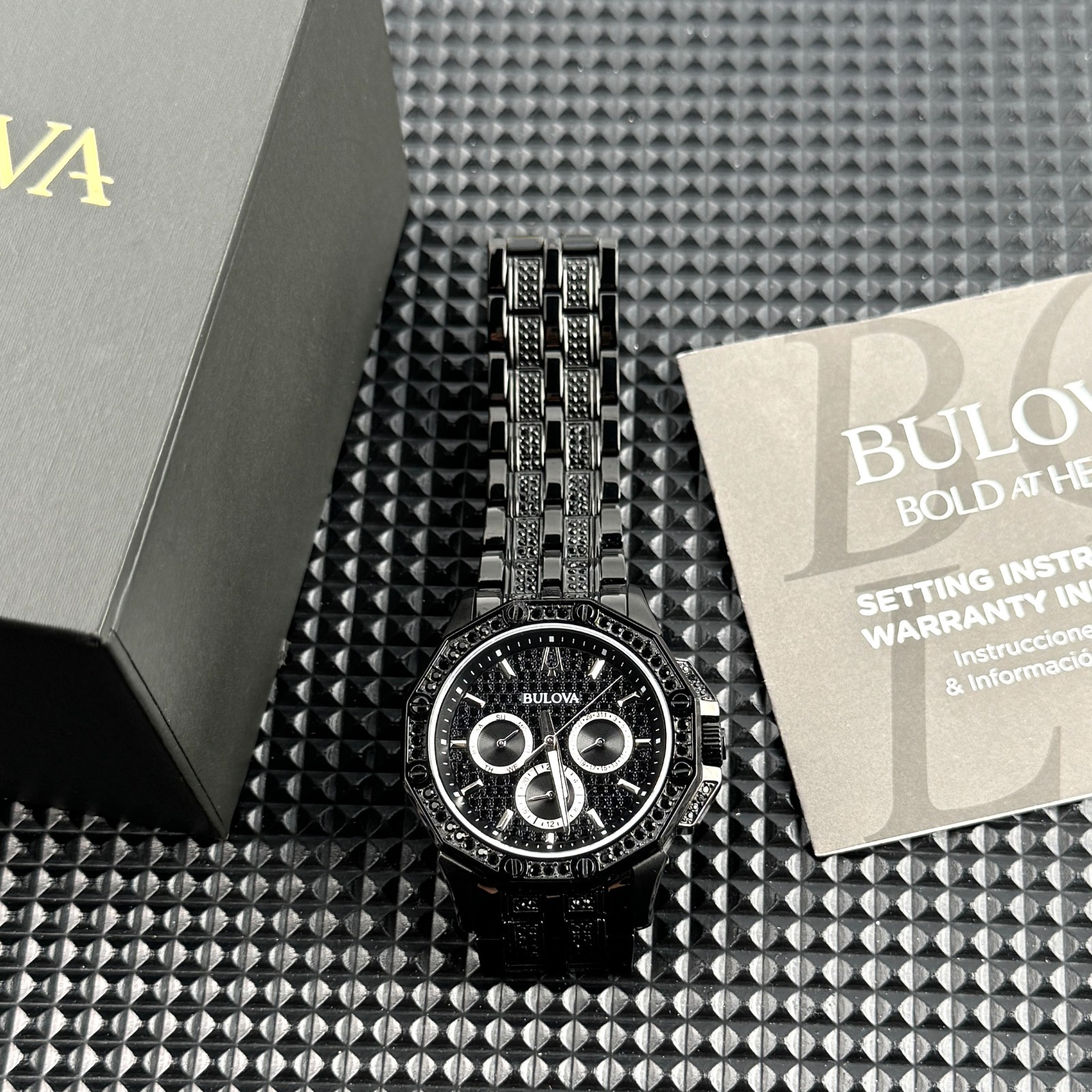 Bulova Octava CRYSTAL Quartz Black Pave Dial 98C134 Men’s Watch 41.5mm