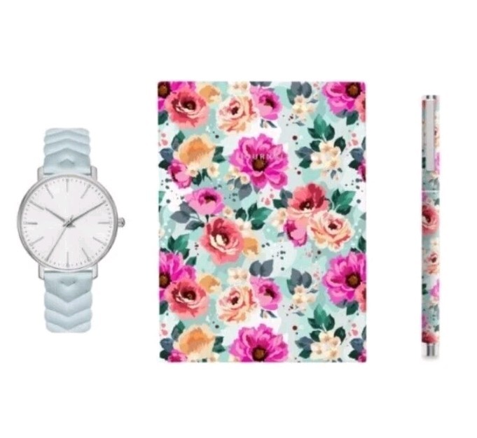 Ladies Floral Watch Pen Notebook Gift Set Teal Blue Pink Roses Stationary
