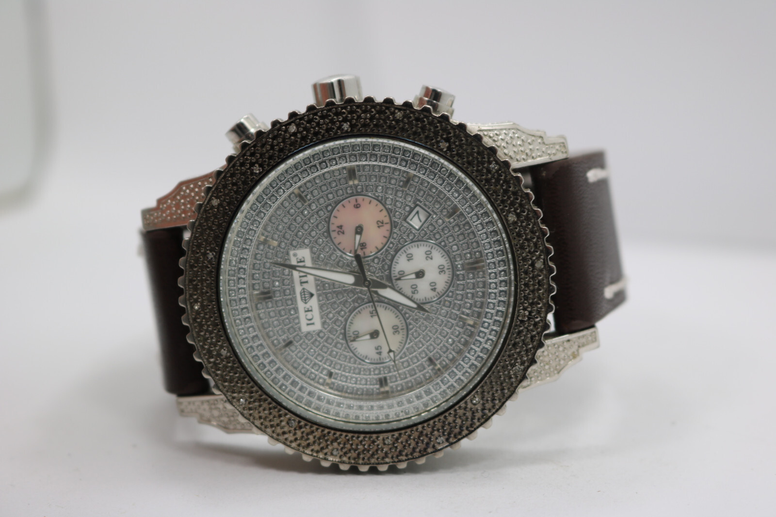 Joe Rodeo ICE-TIME Chronograph Diamond Dial / Bezel Watch Black Leather 50mm NB