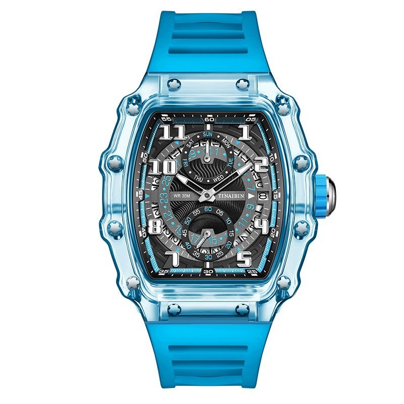 Fashion Luxury Barrel Shape Skeleton Watch Men’s Quartz Sport Watch Rubber Band