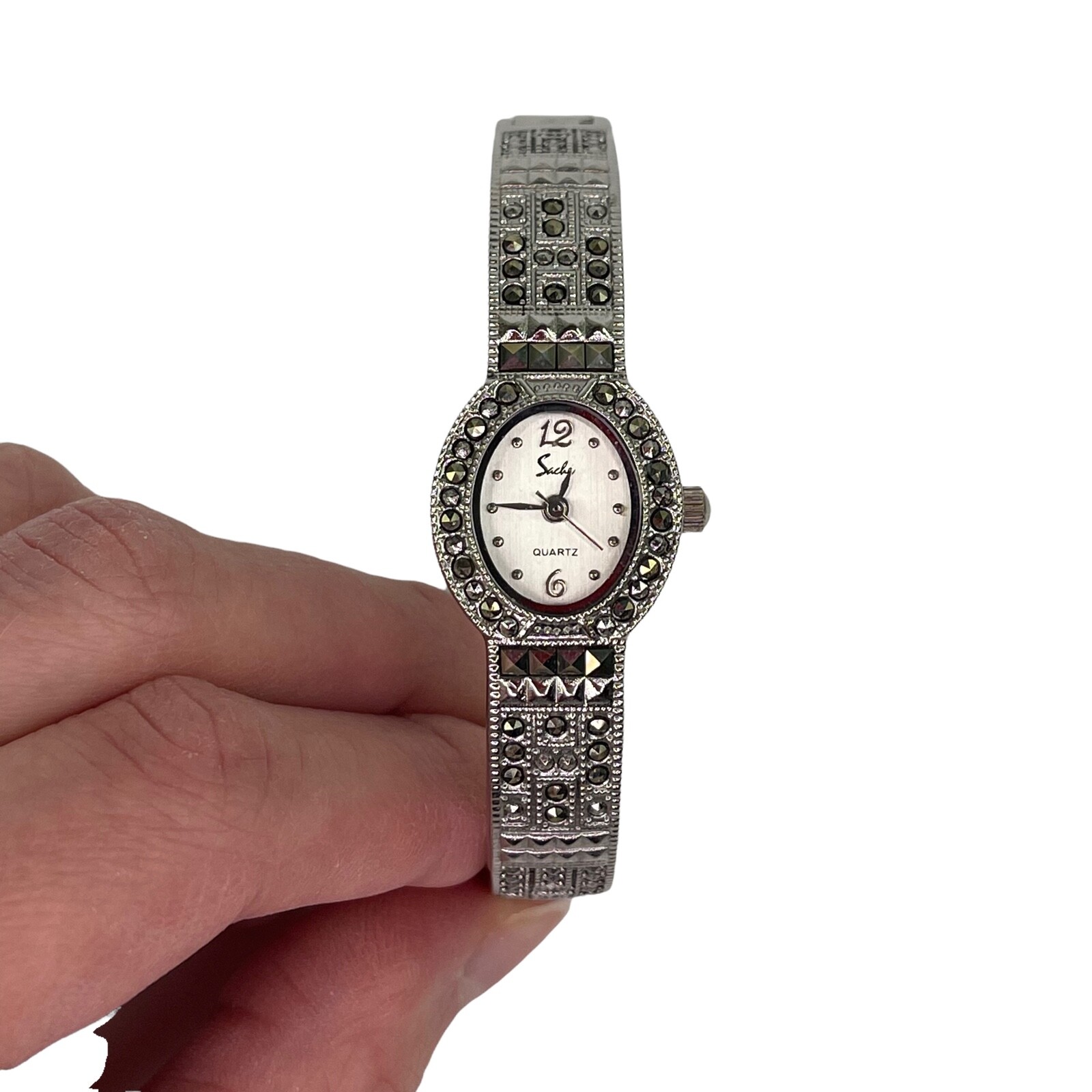Sache Watch Women Silver Tone Pave Crystals Hinged Cuff Band 6.25″ Needs Battery