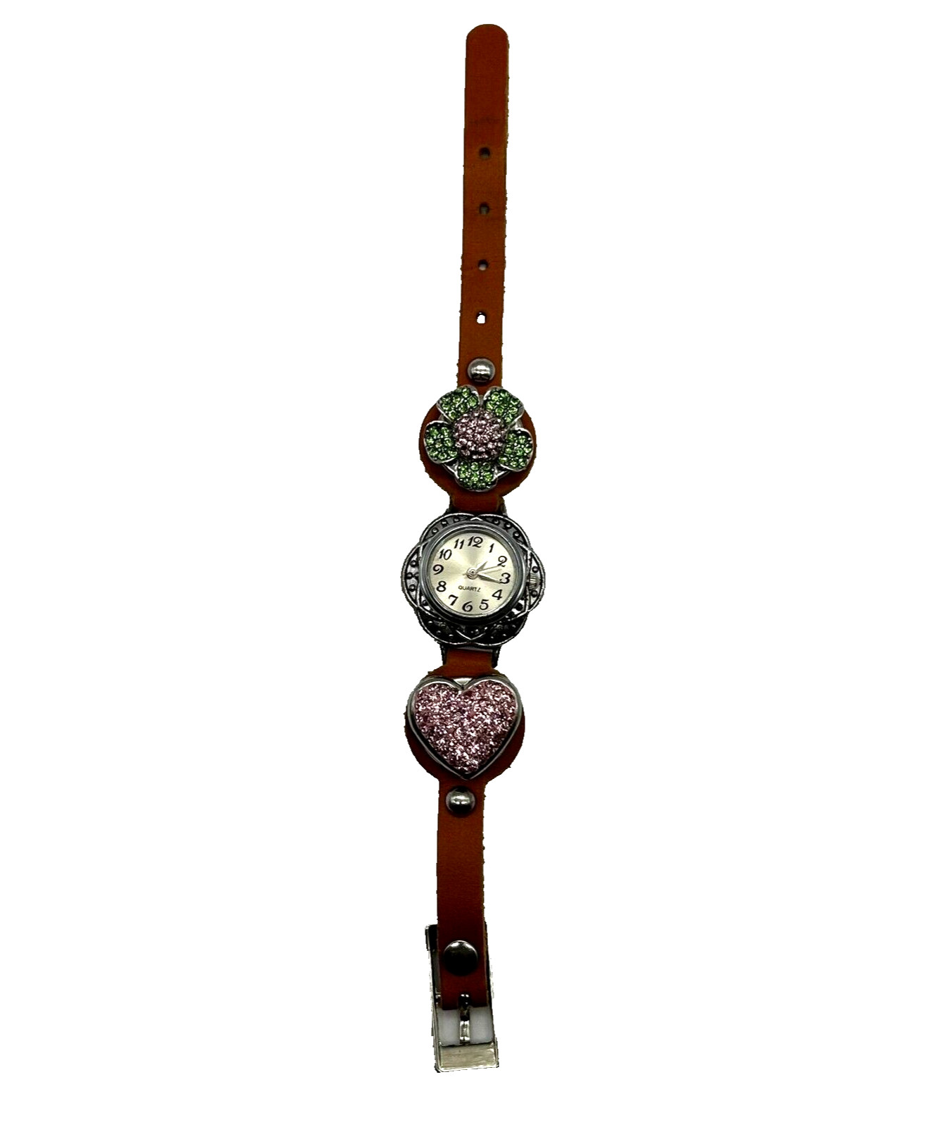 Quartz Women’s Rhinestone Flower Heart Snap On Charm Leather Band Bracelet Watch