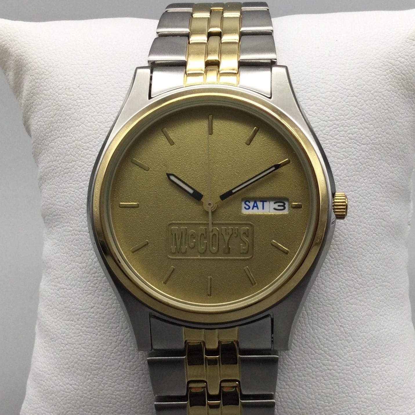 Seiko Mens Watch 37mm Gold Two Tone McCoy’s 7N43-9048 Day Date New Battery 8.25″