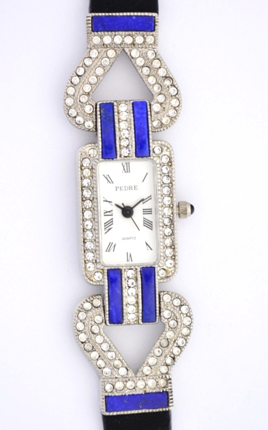 Pedre Womens Watch Silver Tone Crystals Blue Leather Art Deco Quartz