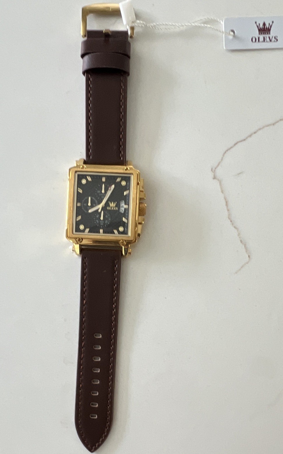 OLEVS Men’s Quartz Chronograph Date Square Gold Case Black Dial Brown Leather