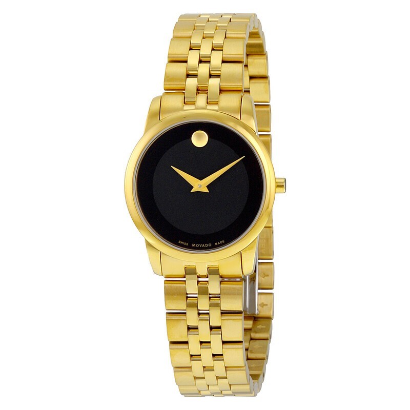Movado Museum Classic Black Dial Yellow Gold PVD 28mm Ladies Watch Model 0607005