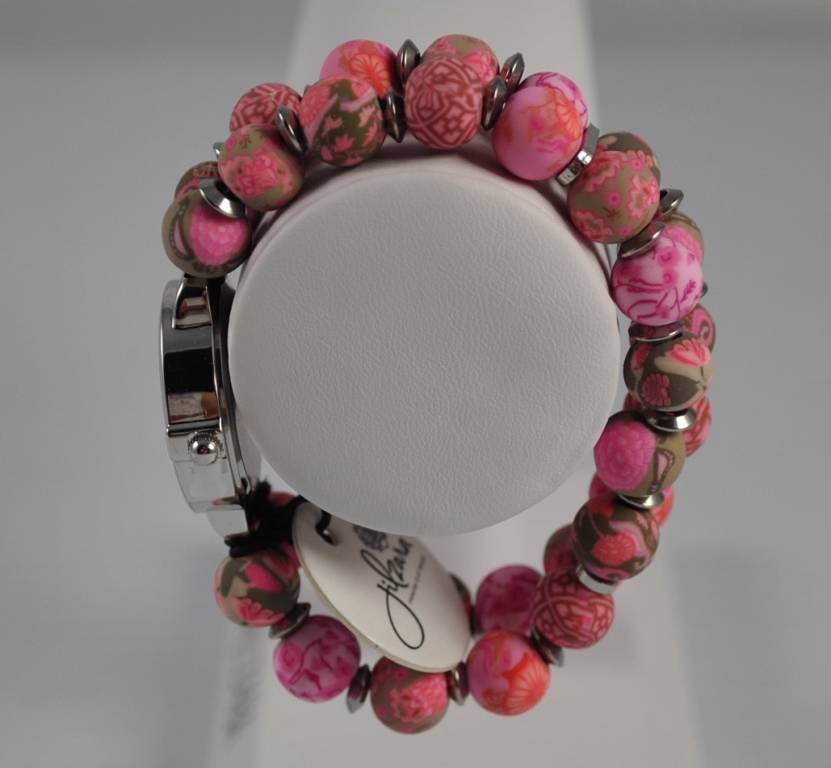 Jilzarah Vintage Pink Round Watch Polymer Clay Beads Handcrafted Artisan G23