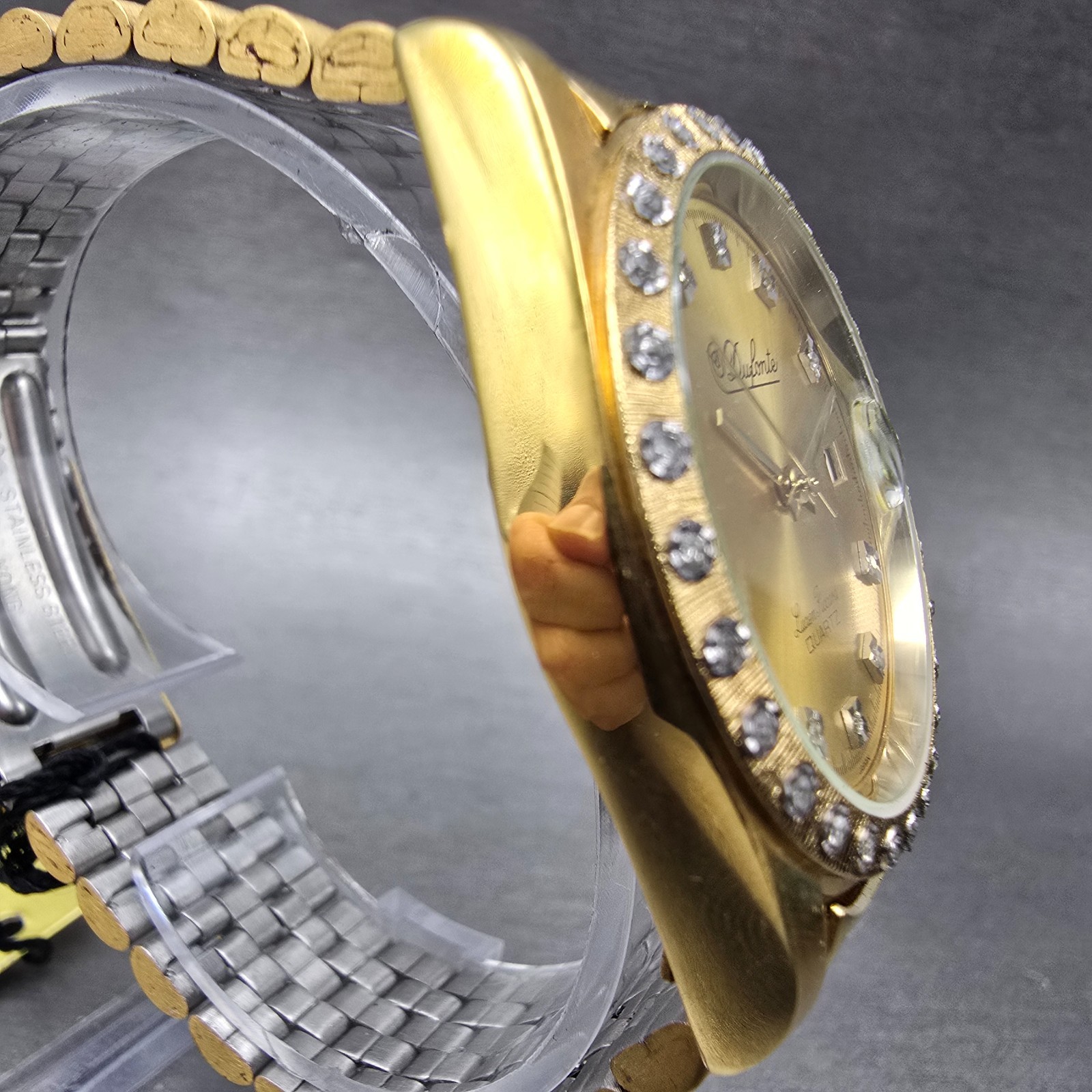 Lucien Piccard Dufonte Watch Men 36mm Gold Dial Gold Tone Date Diamond Bezel