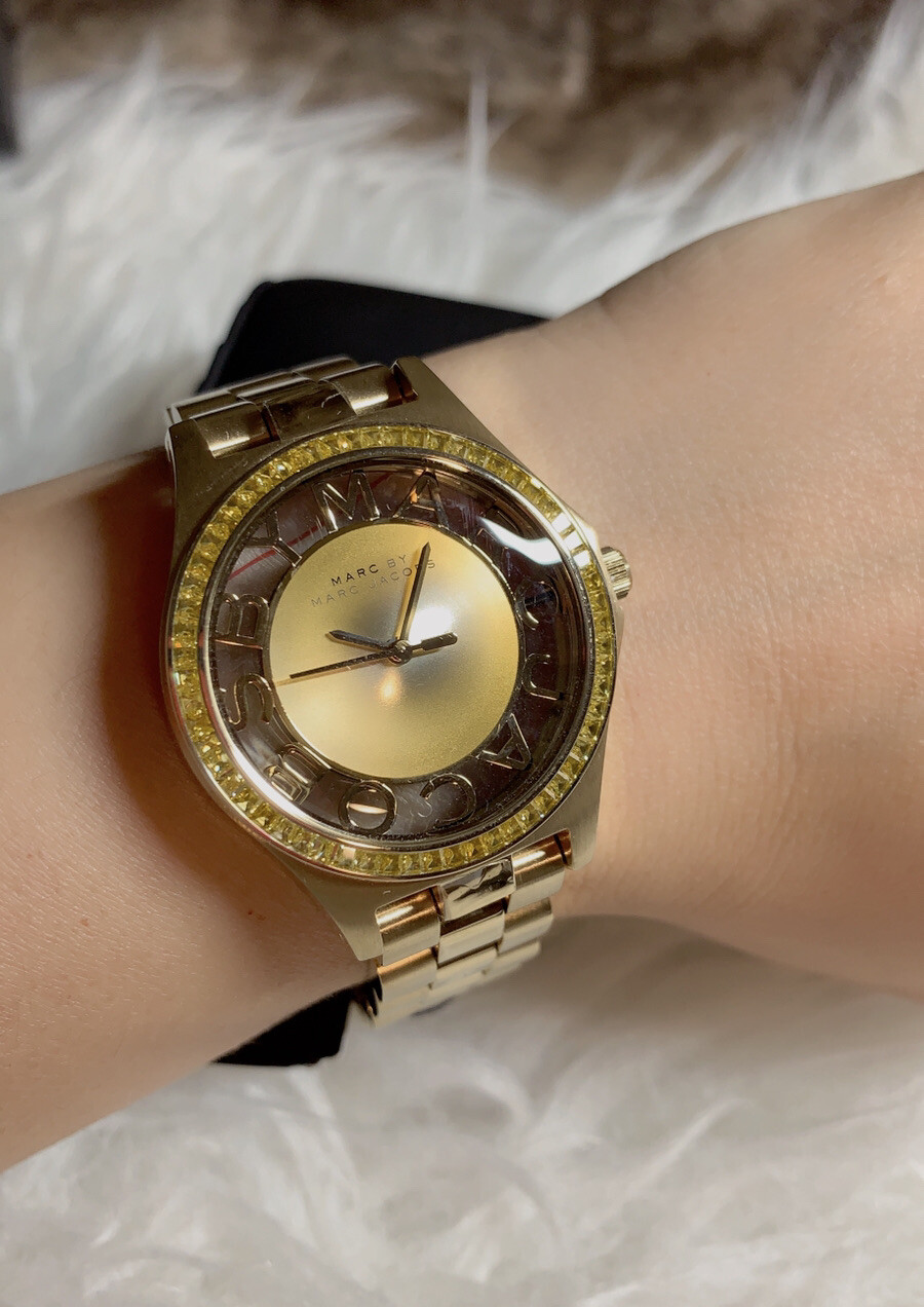 NWT Marc By Marc Jacobs Champaign Gold Crystal Bezel Transparent Dial Lady WATCH