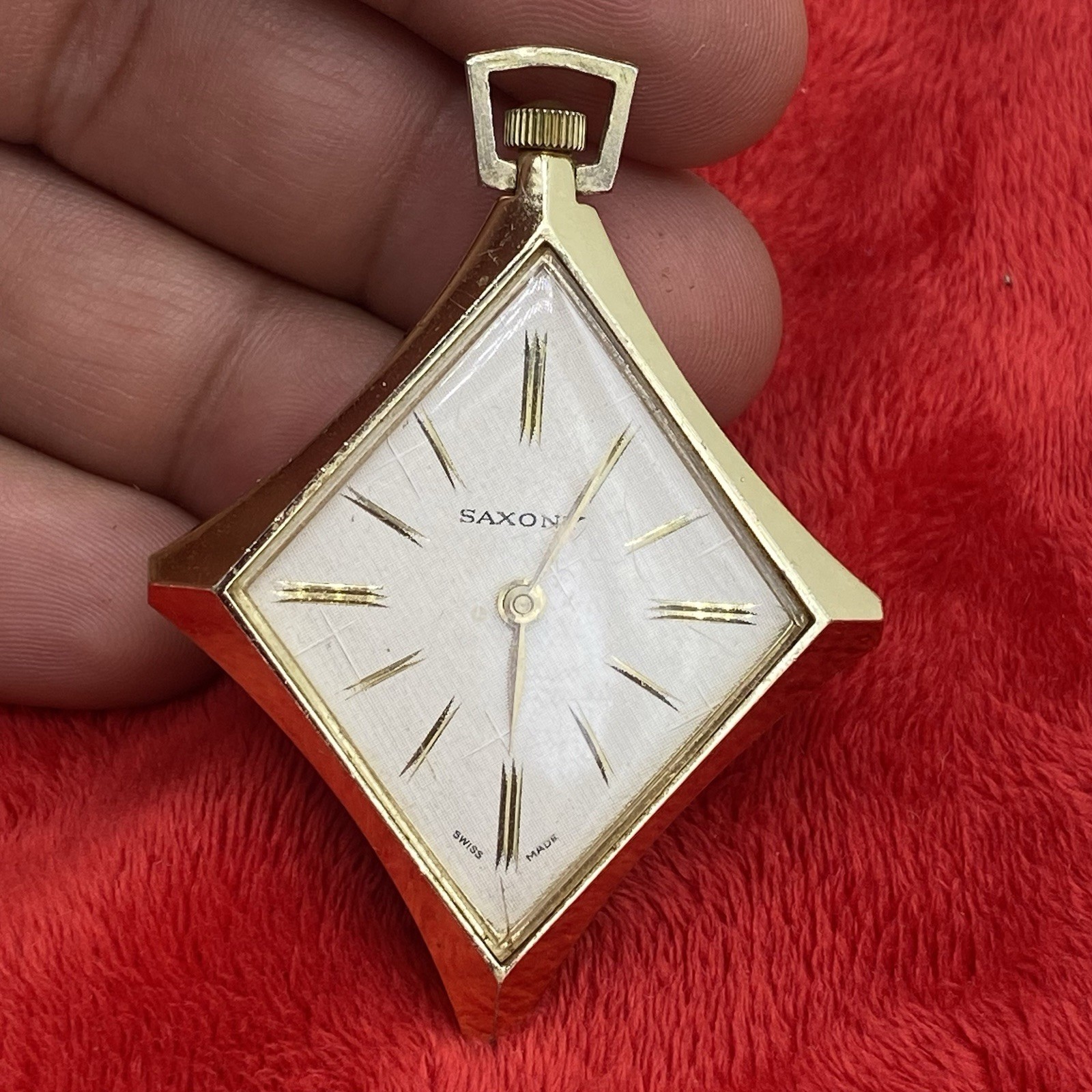 Saxony Pocket Watch Necklace Pendant Rare Mechanical Vintage Diamond Gold Tone