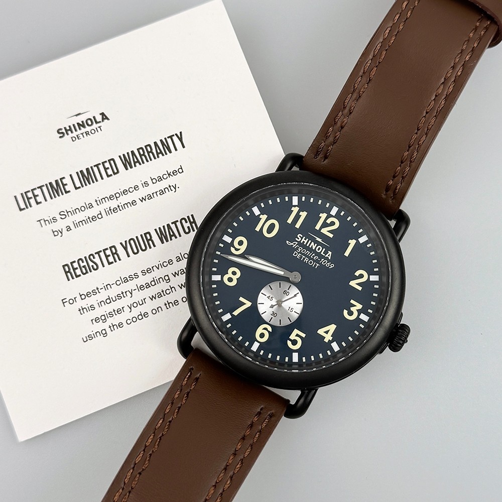 Men’s Shinola Runwell Argonite 1069 Blue Dial Brown Strap Quartz Watch 47mm