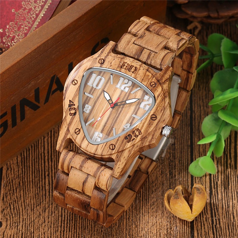 Casual Men’s Wooden Quartz Wrist Watch Triangle Shape Adjustable Bracelet reloj