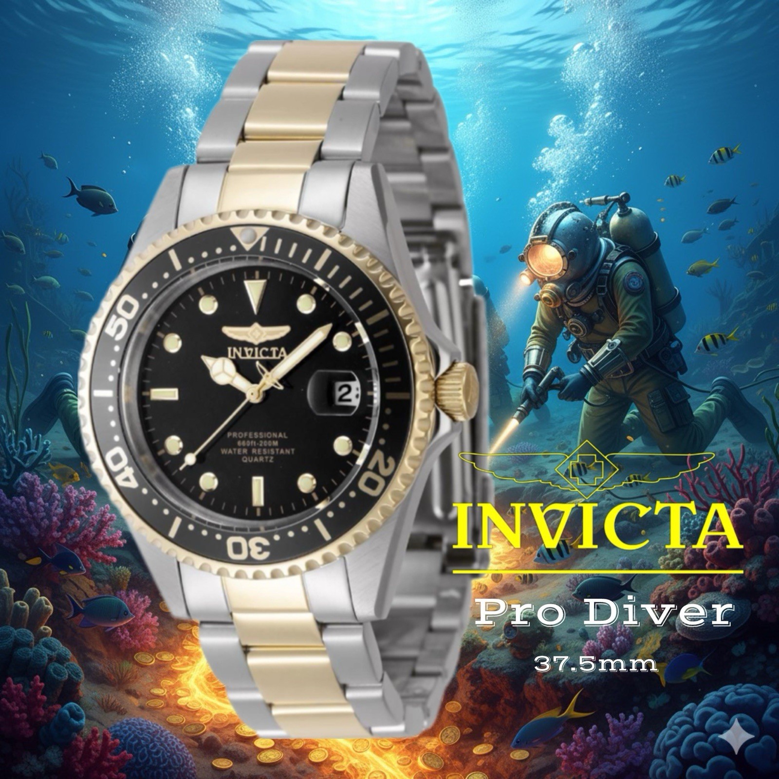 Invicta Men’s Watch Pro Diver Black Dial Silver and Yellow Gold Bracelet 8934OB