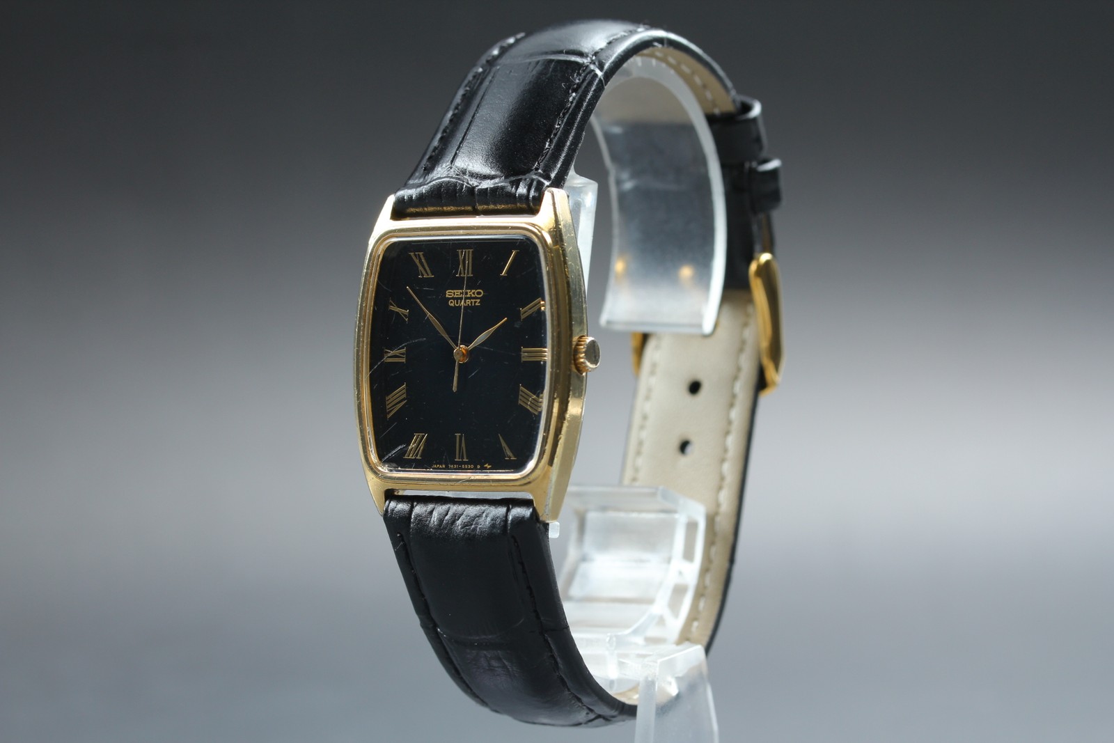 Vintage 1985 Exc+4 Seiko Chariot 7431-5390 Black Gold Tank 27mm Qz Men’s Watch