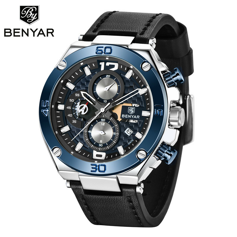 BENYAR Luxury Men Military Japan Quartz Wrist Watch Leather 30m Waterproof Sport