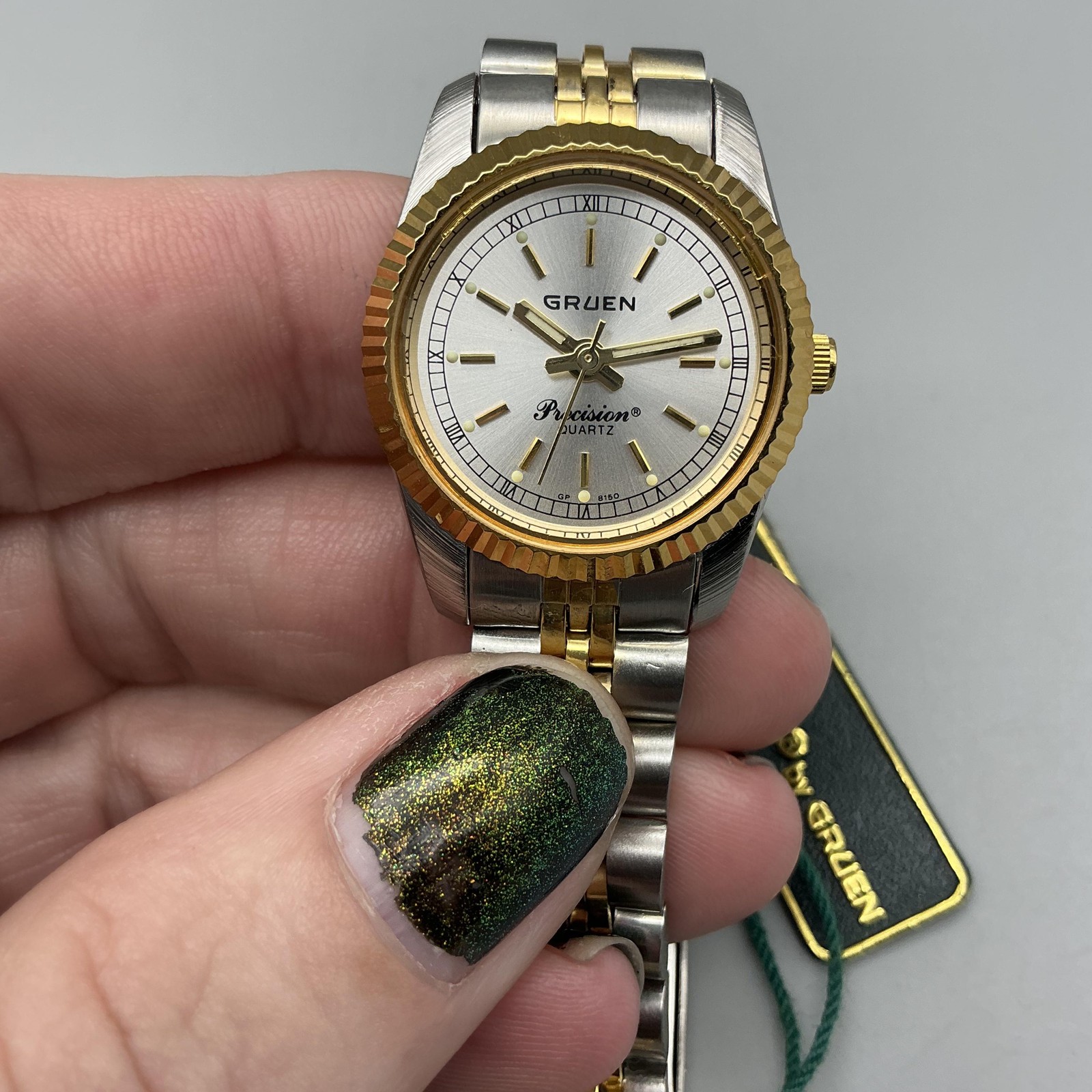 Vtg Gruen Precision Womens Watch 25mm Fluted Bezel Two Tone New Battery 7.5″