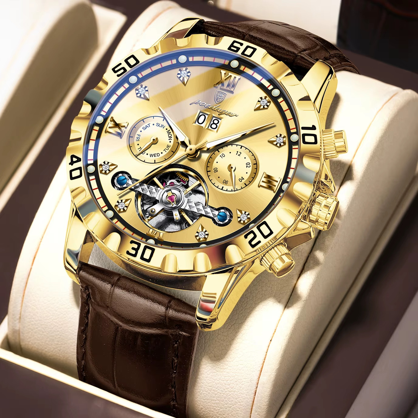 Luxury Men’s Automatic Mechanical Watch Skeleton Tourbillon Leather Date Box